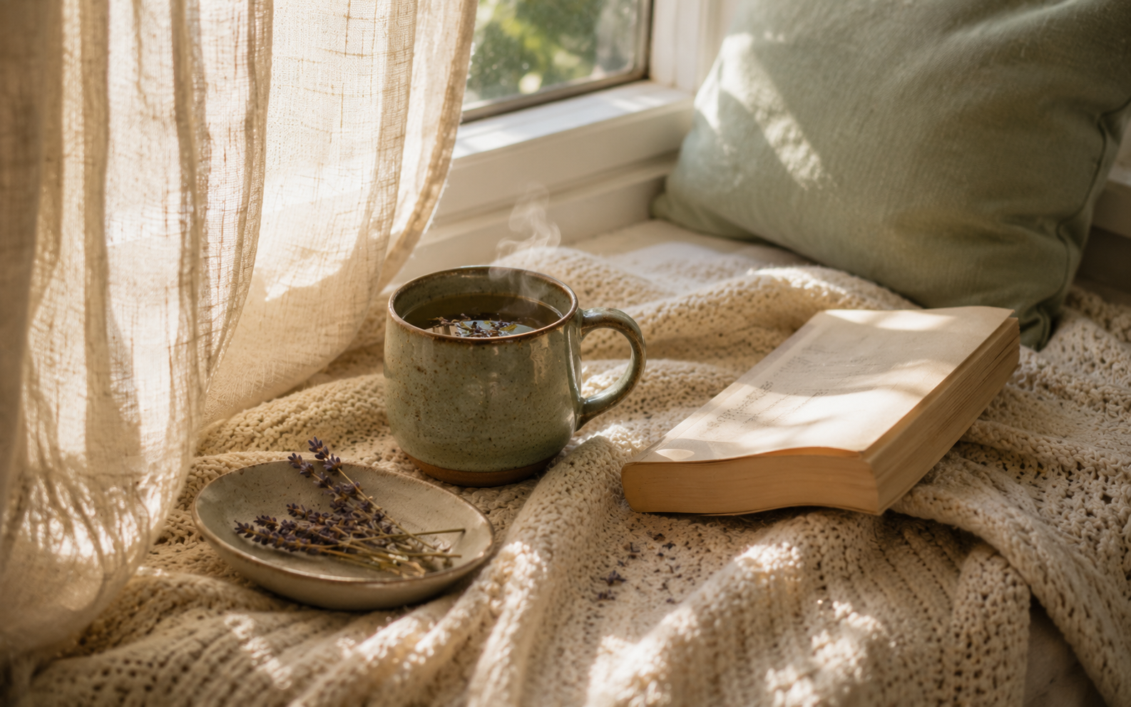 A steaming cup of tea and an open journal resting on a softly lit table