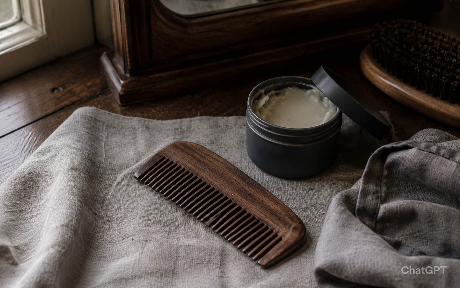 A wooden comb and small jar of hair product on soft mist grey linen against deep walnut wood in natural daylight