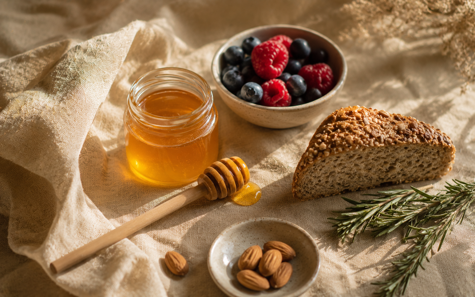 Golden honey beside a wooden dipper, fresh berries and whole grain bread caught in warm morning light