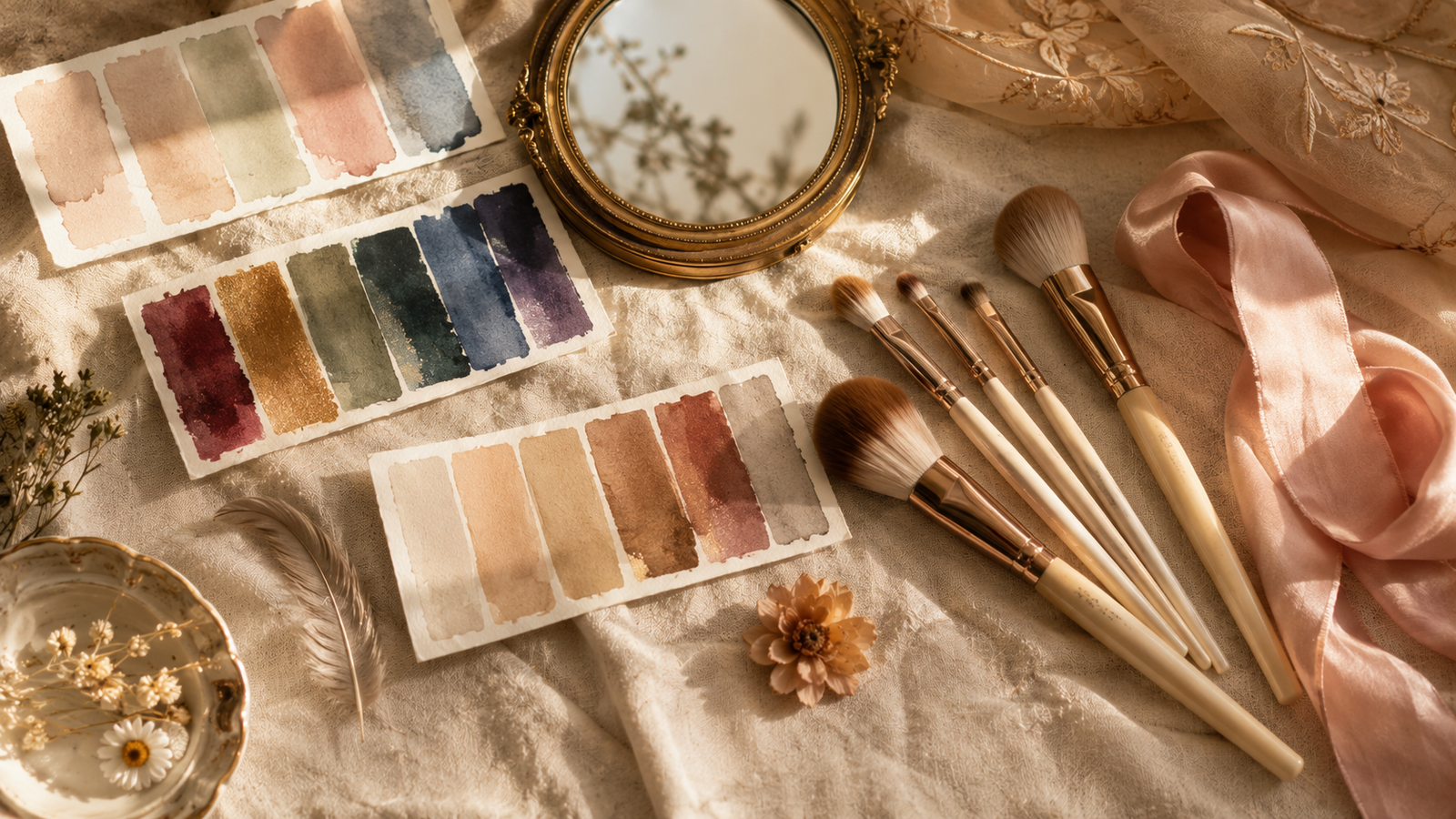 A soft flat-lay of art supplies - watercolor swatches, a small mirror, brushes, and cards representing different aesthetic moods