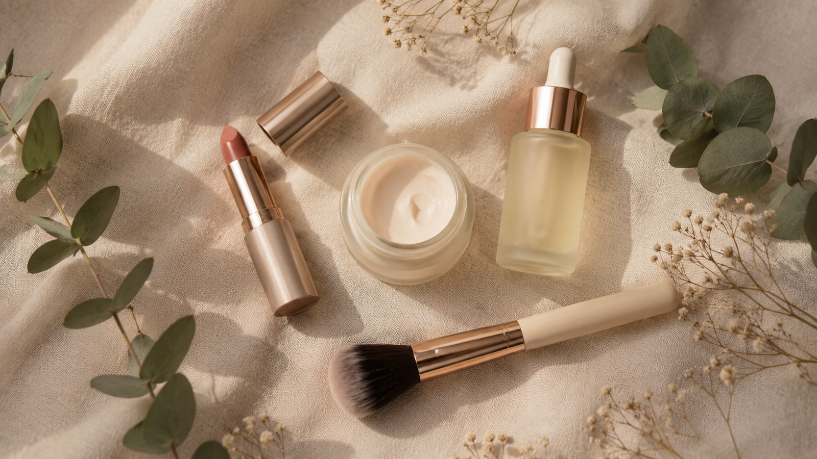 An arrangement of beauty products with plant ingredients on a soft surface