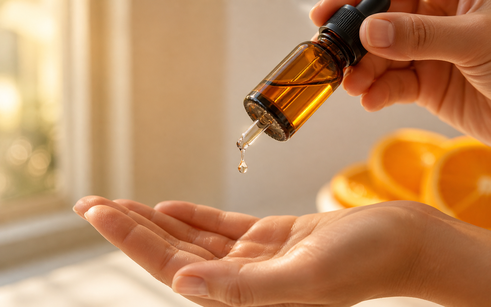 A glass bottle of vitamin C serum on a soft surface, fresh citrus halves resting beside it