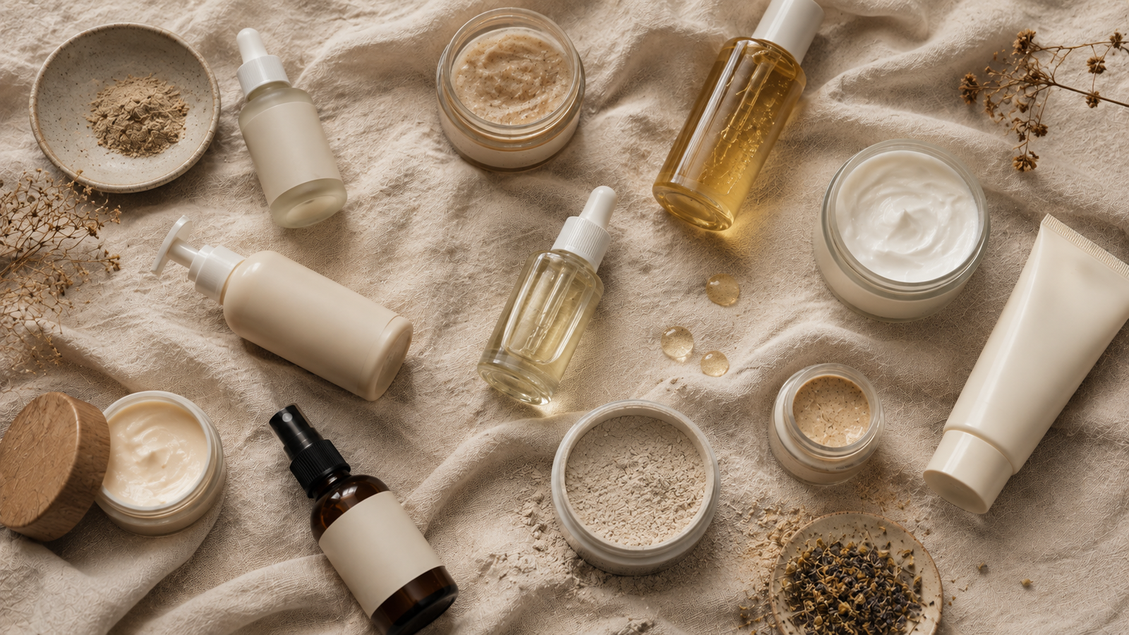 A scattered collection of unbranded beauty product bottles, jars, and packaging materials arranged on a linen surface representing the industry as a whole