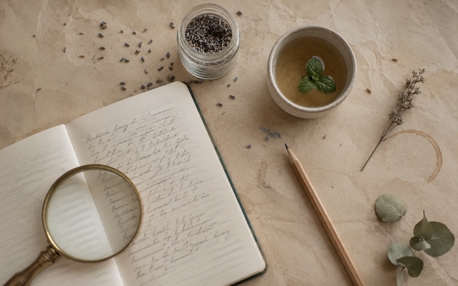 An open notebook with handwritten notes, a vintage magnifying glass, and dried herbs arranged on warm parchment in soft daylight