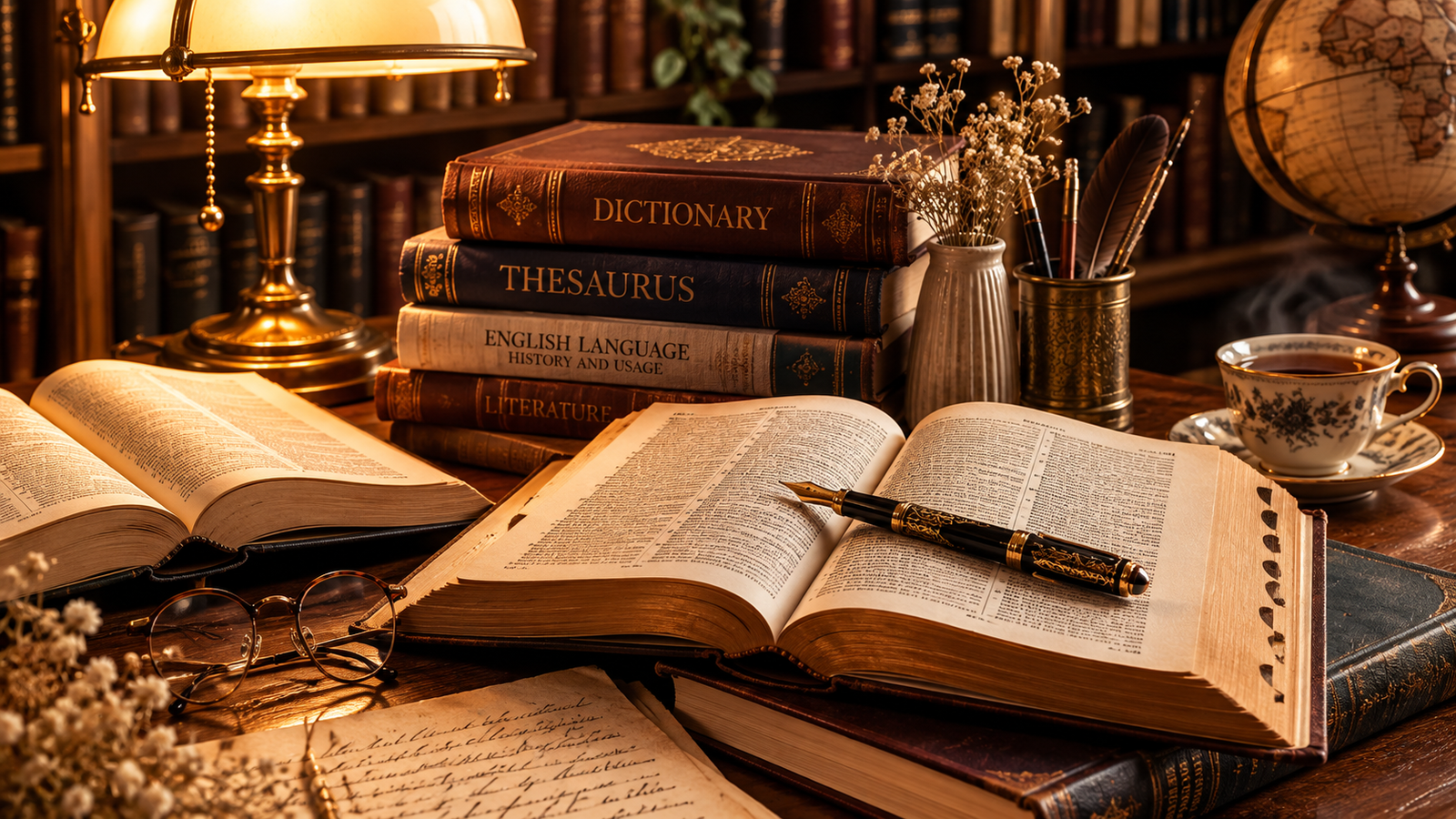 A stack of open dictionaries and language books with a fountain pen resting on top, in warm library lighting